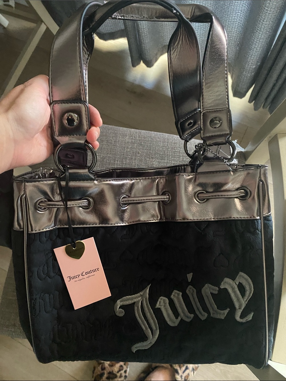 Juicy Couture Black Velvet Tote with Metallic Gunmetal Accents